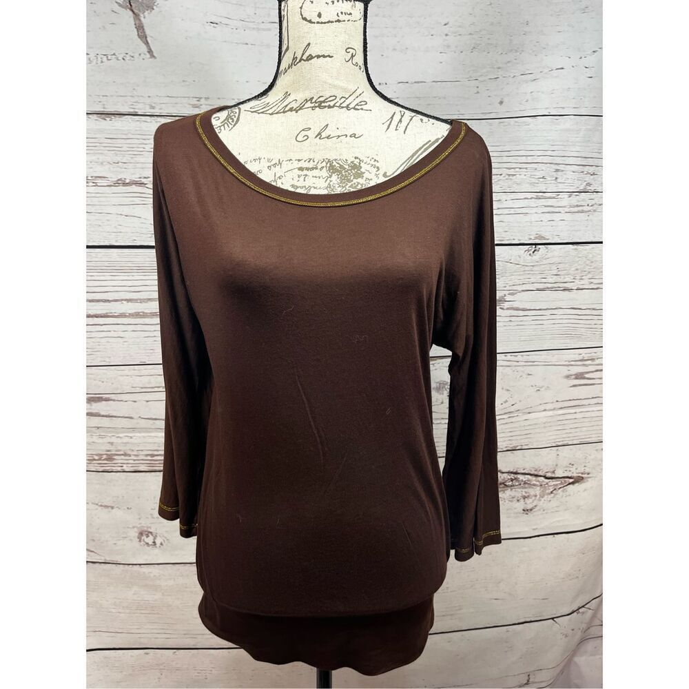 Splendid Brown Long Sleeve Cotton Modal Blend Top XSmall Gold Trim Scoop Neck
